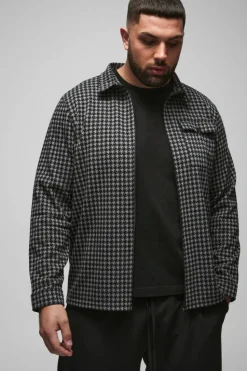 Fashion boohooMAN Plus Dogtooth Jacquard Zip Through Overshirt charcoal