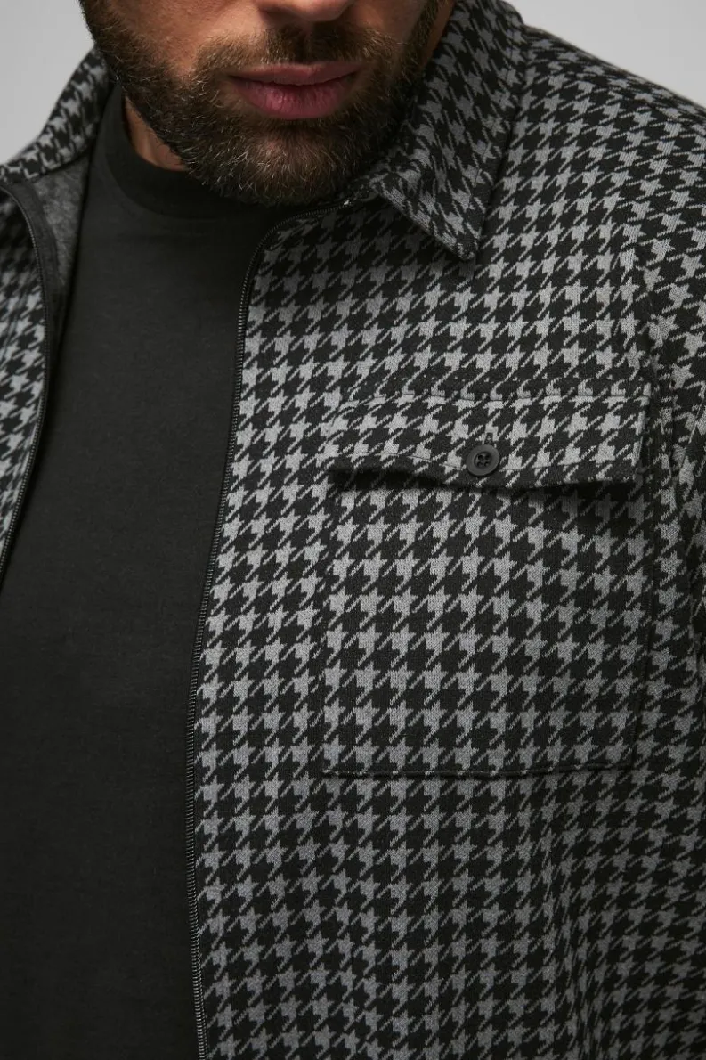 Fashion boohooMAN Plus Dogtooth Jacquard Zip Through Overshirt charcoal