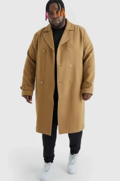 New boohooMAN Plus Double Breasted Wool Look Overcoat camel