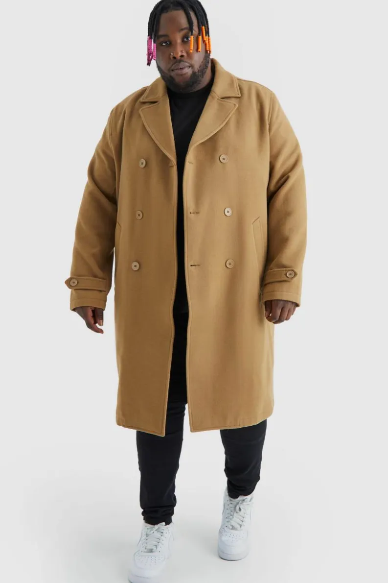 New boohooMAN Plus Double Breasted Wool Look Overcoat camel