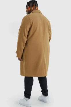 New boohooMAN Plus Double Breasted Wool Look Overcoat camel