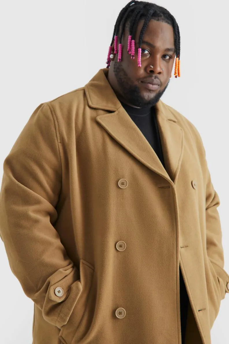 New boohooMAN Plus Double Breasted Wool Look Overcoat camel