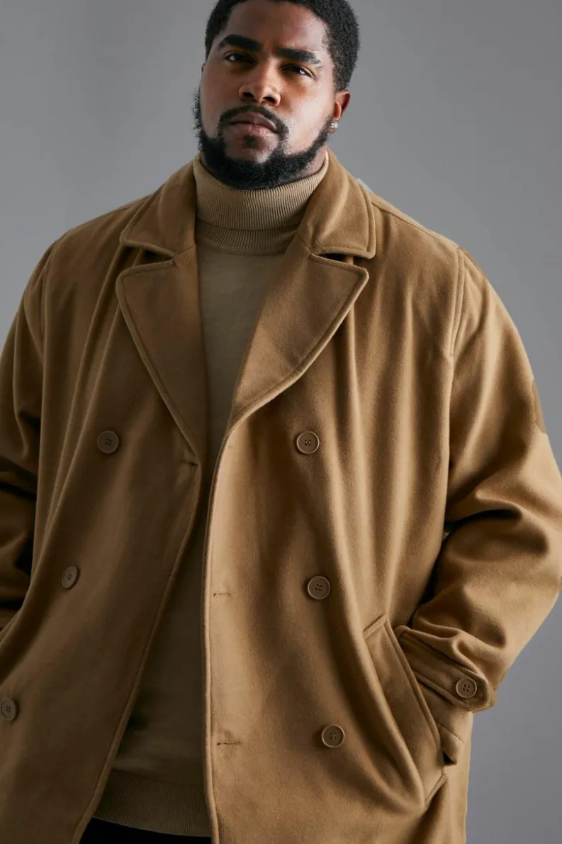 New boohooMAN Plus Double Breasted Wool Look Overcoat camel