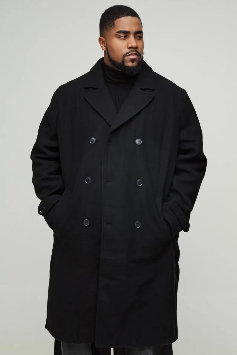Best Sale boohooMAN Plus Double Breasted Wool Look Overcoat in black