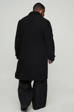 Best Sale boohooMAN Plus Double Breasted Wool Look Overcoat in black