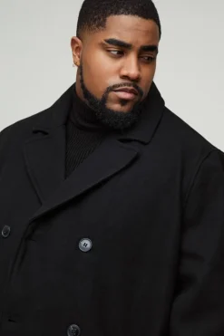 Best Sale boohooMAN Plus Double Breasted Wool Look Overcoat in black
