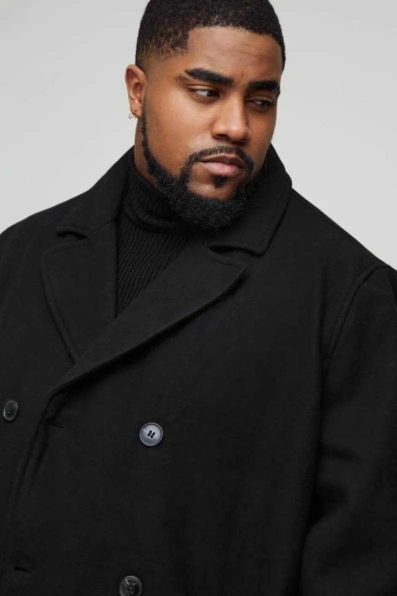 Best Sale boohooMAN Plus Double Breasted Wool Look Overcoat in black