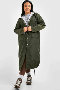 Online boohoo Plus Double Layer Shell Longline Rain Parka khaki