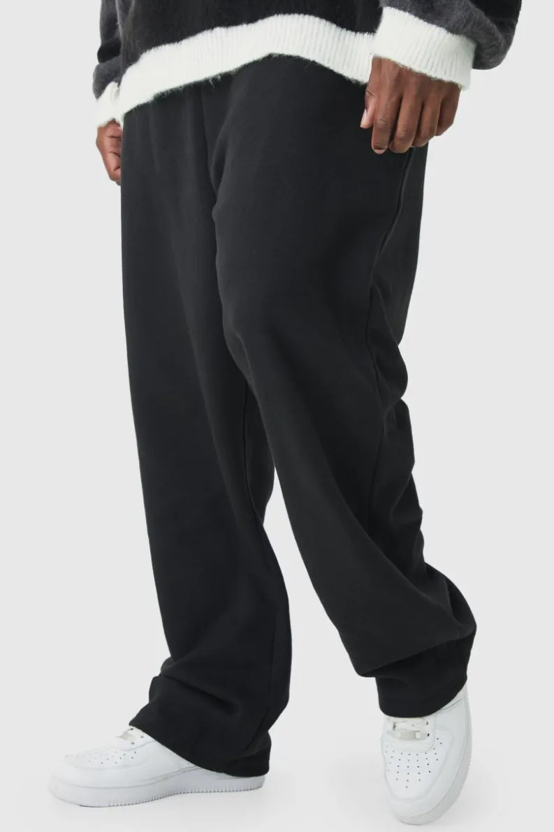 Sale boohooMAN Plus Double Waistband Baggy Fit Jersey Bottoms In black
