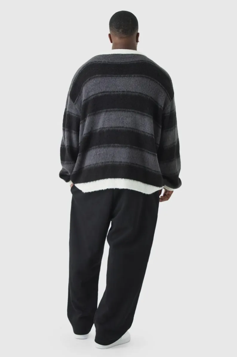 Sale boohooMAN Plus Double Waistband Baggy Fit Jersey Bottoms In black