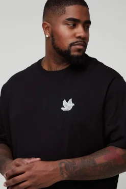 Hot boohooMAN Plus Dove Embroidered T-Shirt black