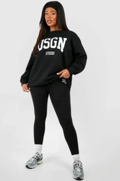 Hot boohoo Plus Dsgn Studio Slogan Legging Tracksuit black