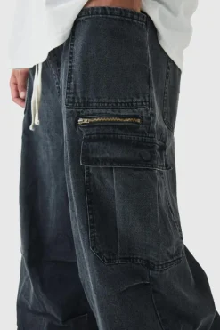 Discount boohooMAN Plus Elasticated Waist Acid Wash Parachute Cargo Jeans black