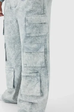 Shop boohooMAN Plus Elasticated Waist Extreme Baggy Heavyweight Washed Multi Cargo Trousers grey