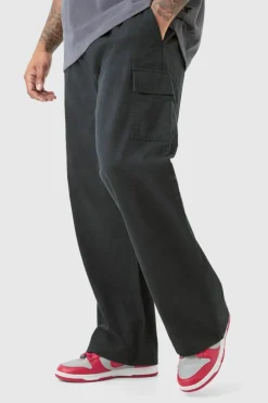 Online boohooMAN Plus Elasticated Waist Relaxed Fit Cargo Trousers black