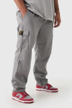 Shop boohooMAN Plus Elastic Waist Straight Fit Cargo Trousers grey