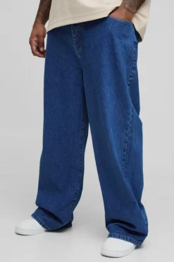 Outlet boohooMAN Plus Embroidered Relaxed Fit Jeans mid blue
