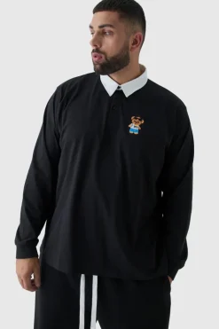 Sale boohooMAN Plus Embroidered Rugby Polo black