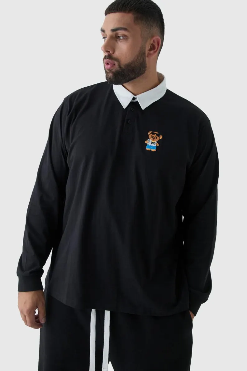 Sale boohooMAN Plus Embroidered Rugby Polo black