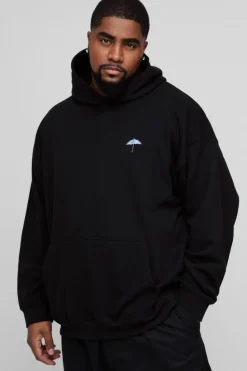 Clearance boohooMAN Plus Embroidered Umbrella Hoodie black