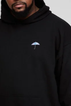 Clearance boohooMAN Plus Embroidered Umbrella Hoodie black