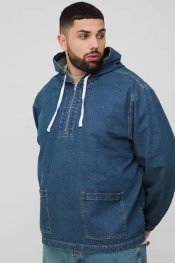 Flash Sale boohooMAN Plus Extended Drawcord Denim Hoodie mid wash