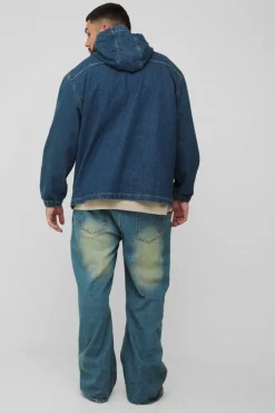 Flash Sale boohooMAN Plus Extended Drawcord Denim Hoodie mid wash
