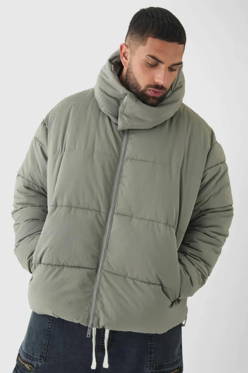 Clearance boohooMAN Plus Extended Funnel Neck Hooded Puffer Jacket In grey