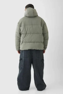 Clearance boohooMAN Plus Extended Funnel Neck Hooded Puffer Jacket In grey