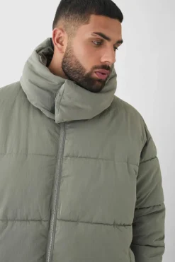 Clearance boohooMAN Plus Extended Funnel Neck Hooded Puffer Jacket In grey