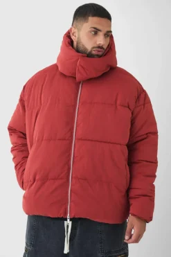 Fashion boohooMAN Plus Extended Funnel Neck Hooded Puffer Jacket In rust