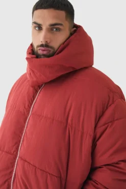 Fashion boohooMAN Plus Extended Funnel Neck Hooded Puffer Jacket In rust
