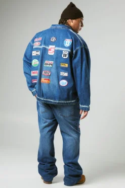 Best boohooMAN Plus Extreme Applique Oversized Denim Jacket mid wash