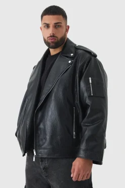 Best boohooMAN Plus Extreme Oversized Textured PU Biker Jacket In black