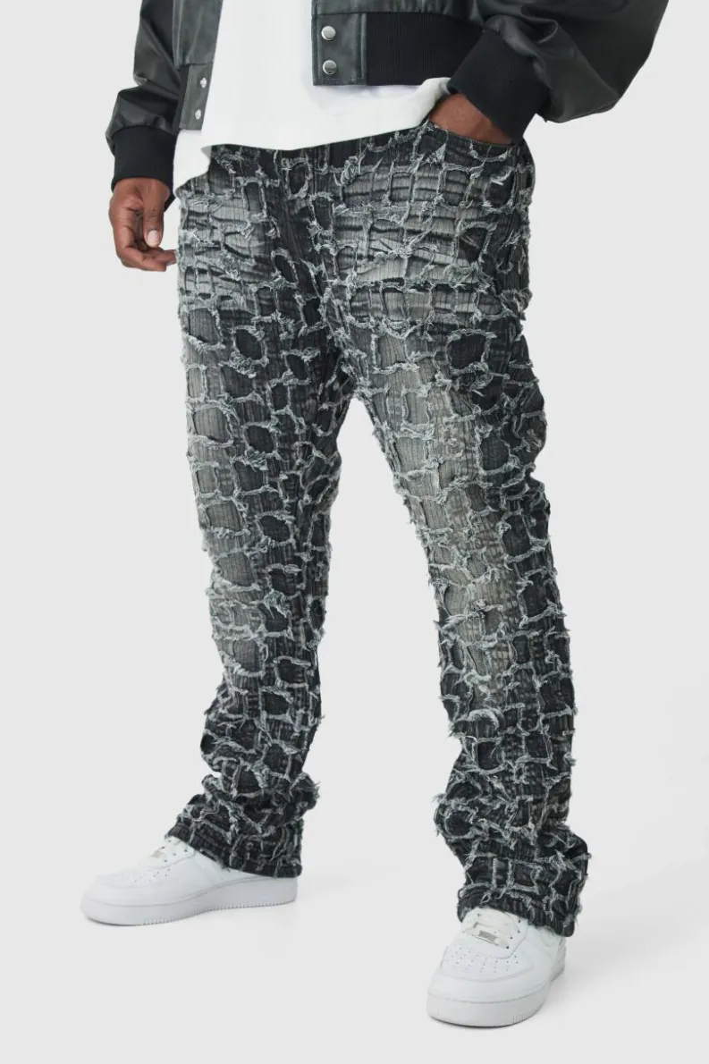 Sale boohooMAN Plus Extreme Patchwork Double Layered Flared Jeans washed black