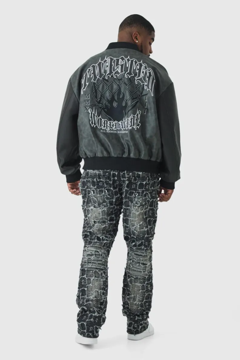 Sale boohooMAN Plus Extreme Patchwork Double Layered Flared Jeans washed black