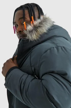 Outlet boohooMAN Plus Faux Fur Hooded Arctic Parka Jacket in charcoal