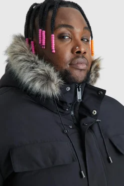 Online boohooMAN Plus Faux Fur Hooded Arctic Parka Jacket in black