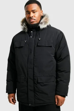 Online boohooMAN Plus Faux Fur Hooded Arctic Parka Jacket in black