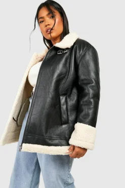 Online boohoo Plus Faux Fur Longline Aviator Jacket black