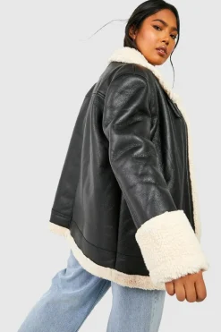 Online boohoo Plus Faux Fur Longline Aviator Jacket black