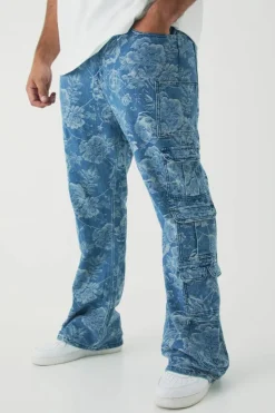 Store boohooMAN Plus Floral Jacquard Multi Cargo Flared Jeans mid blue
