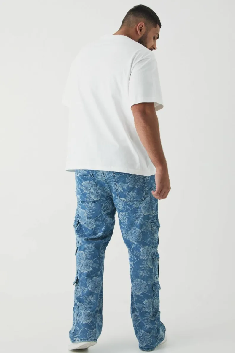 Store boohooMAN Plus Floral Jacquard Multi Cargo Flared Jeans mid blue