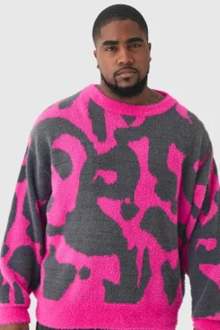 Store boohooMAN Plus Fluffy Knit Abstract Sweatshirt pink