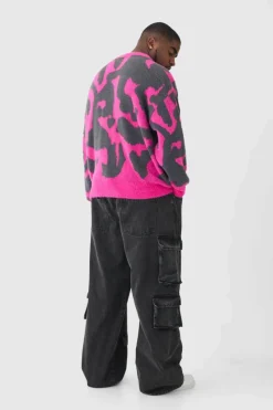 Store boohooMAN Plus Fluffy Knit Abstract Sweatshirt pink