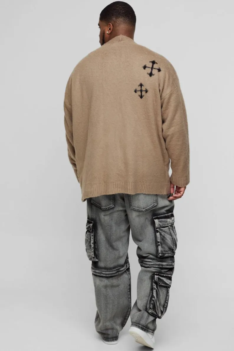 Sale boohooMAN Plus Fluffy Knit Gothic Cross Applique Cardigan taupe