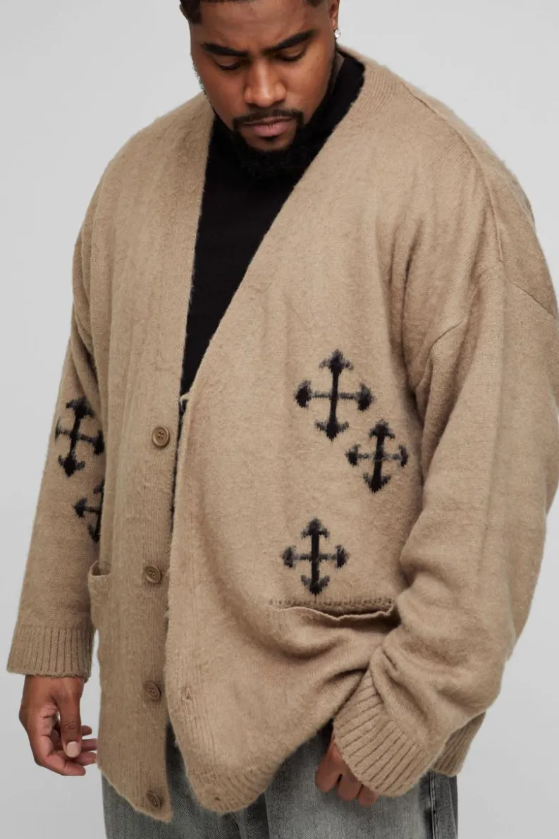 Sale boohooMAN Plus Fluffy Knit Gothic Cross Applique Cardigan taupe