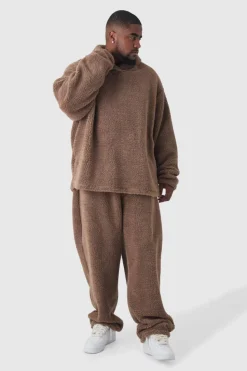 Shop boohooMAN Plus Fluffy V Neck Sweatshirt & Jogger Lounge Set In brown