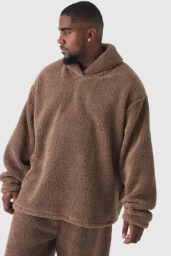 Shop boohooMAN Plus Fluffy V Neck Sweatshirt & Jogger Lounge Set In brown