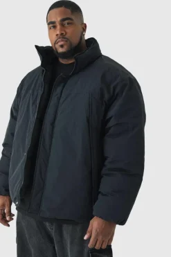 Sale boohooMAN Plus Funnel Neck Padded Jacket In black